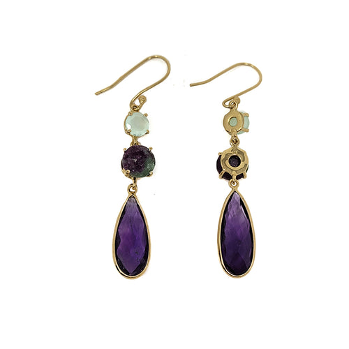 Gold Plated Aqua Chalcedony, Amethyst, And Ruby Zoisite Earrings