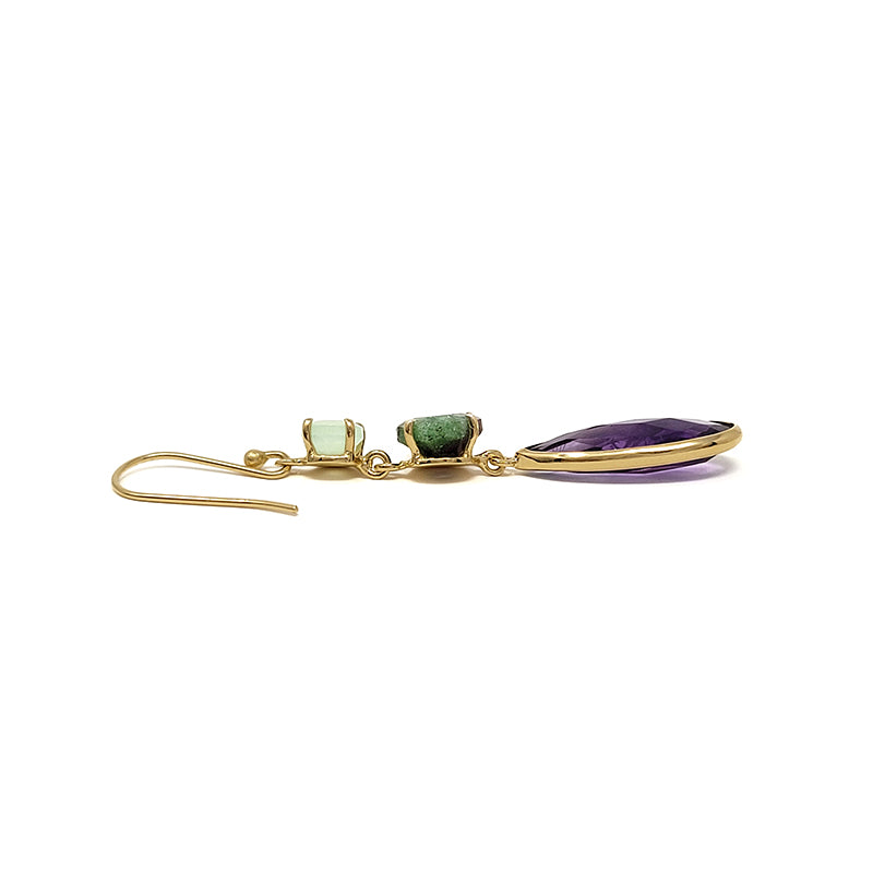 Gold Plated Aqua Chalcedony, Amethyst, And Ruby Zoisite Earrings