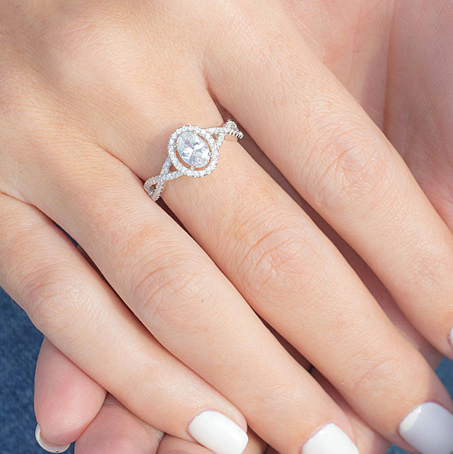 Silver Oval Halo Ring With Cubic Zirconia