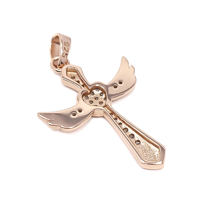 Rose Gold Plated Cross With Wings Pendant With Cubic Zirconia