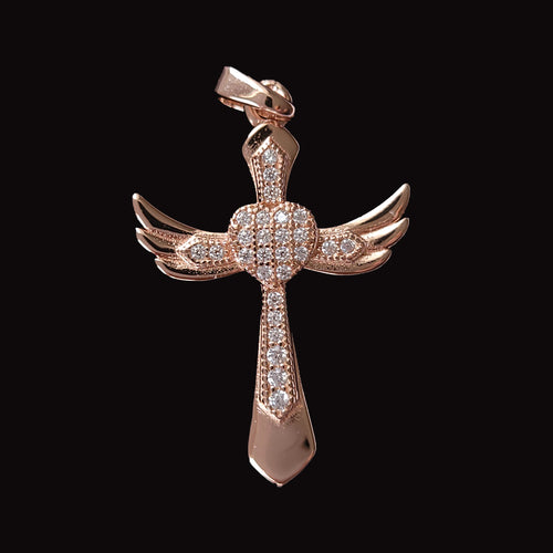 Rose Gold Plated Cross With Wings Pendant With Cubic Zirconia