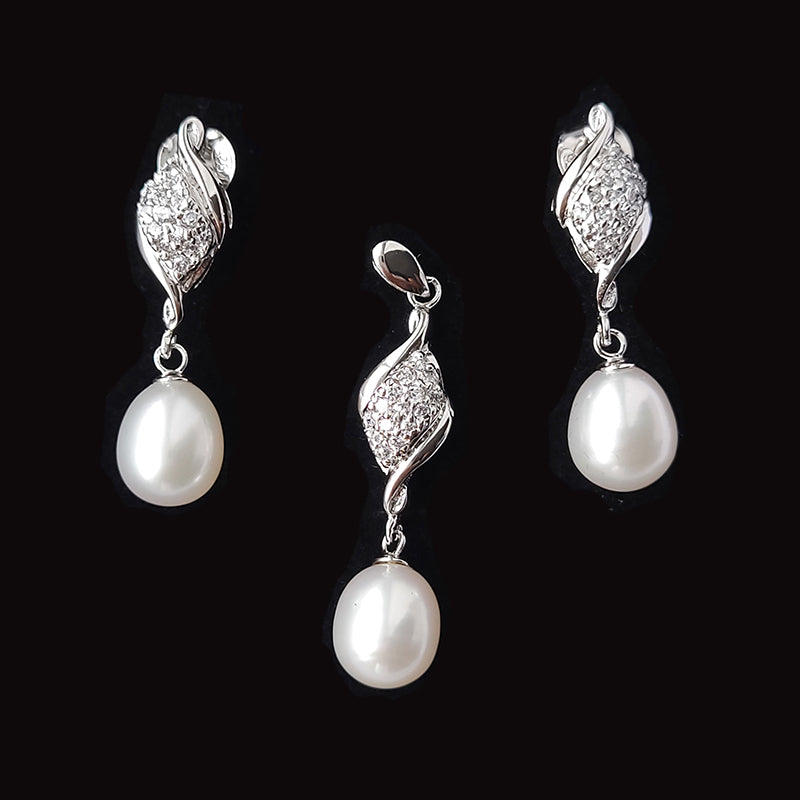Silver Fresh Water Pearl Pendant Earrings Set With Cubic Zirconia