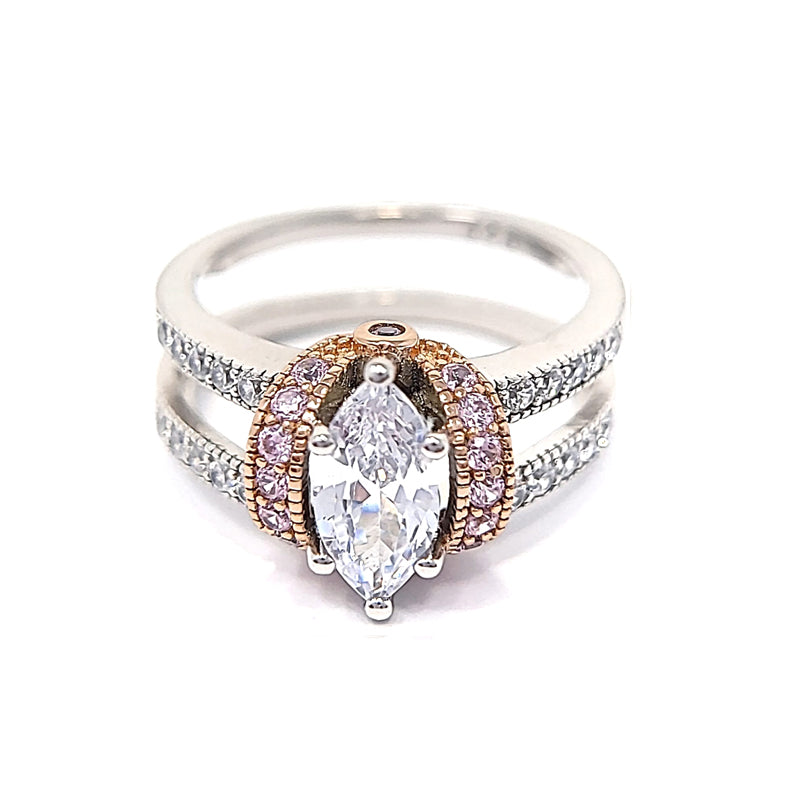 Silver Two-Tone Rose Gold Plated Pink And Clear Two-Piece Cubic Zirconia Ring