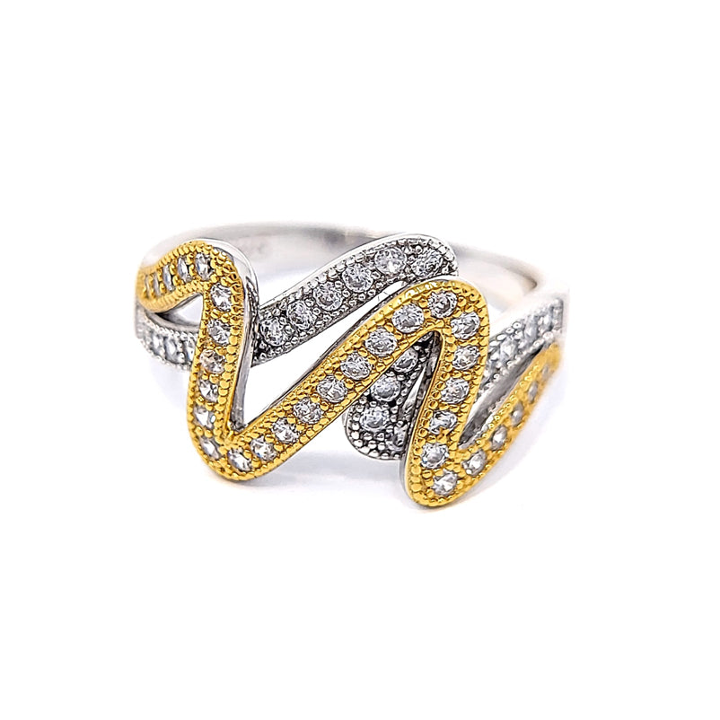 Silver Scribble Two-Tone Gold Plated Cubic Zirconia Ring