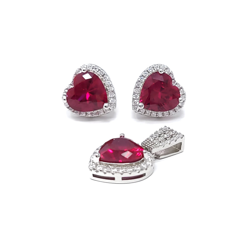 Ruby Heart Pendant Earring Set With Cubic Zirconia