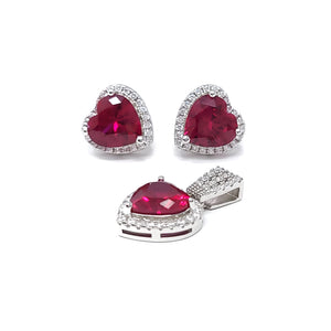 Ruby Heart Pendant Earring Set With Cubic Zirconia
