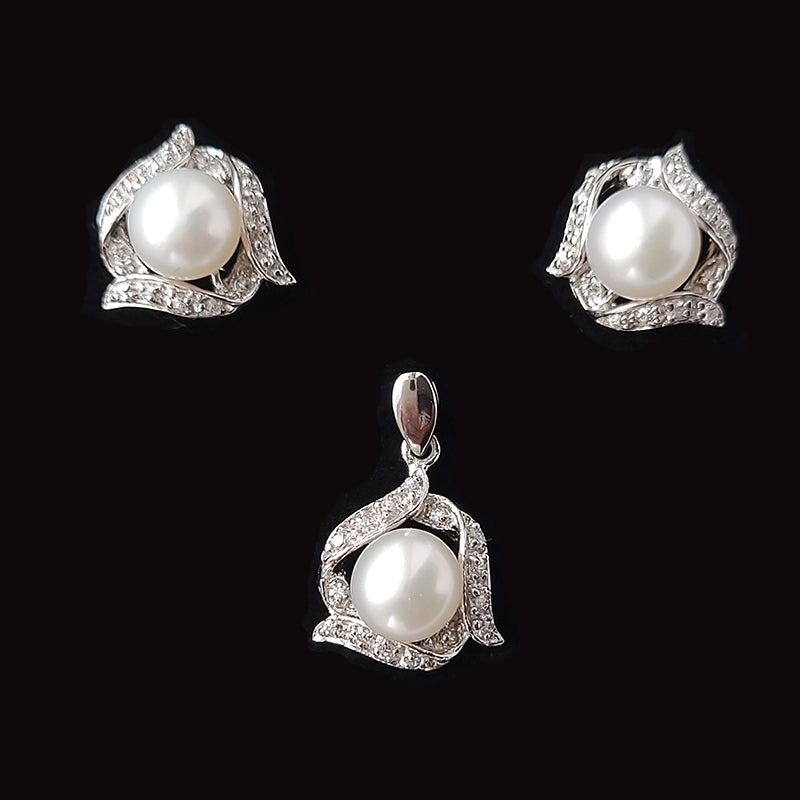 Silver Fresh Water Pearl Pendant Earrings Set With Cubic Zirconia