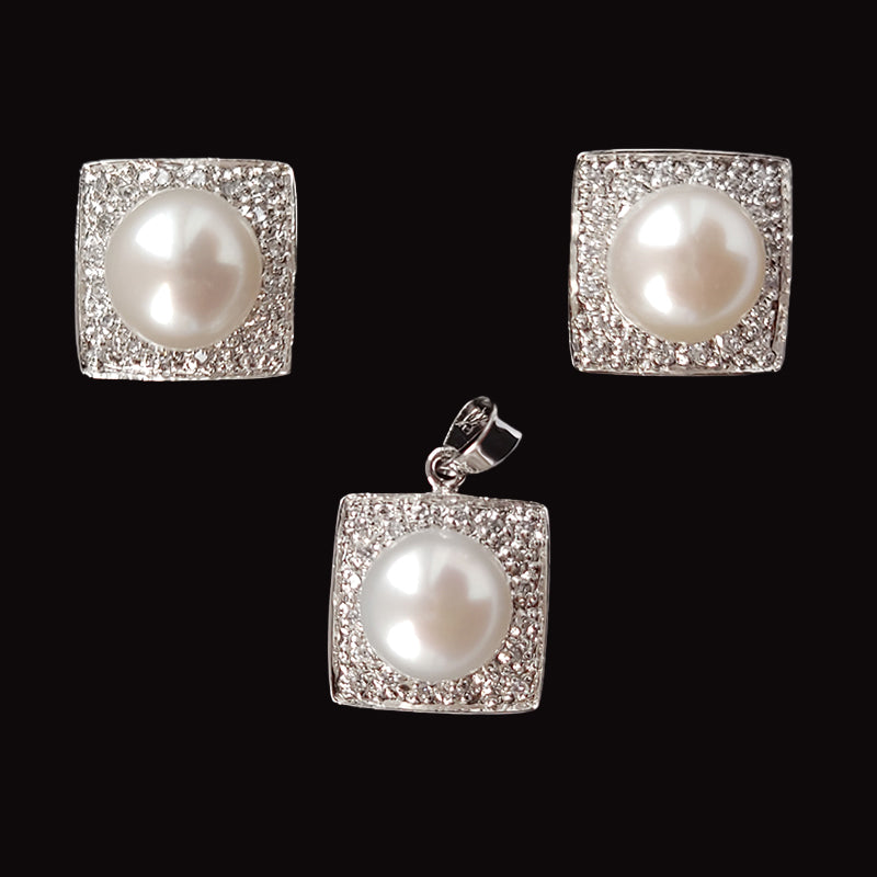 Silver Fresh Water Pearl Pendant Earrings Set With Cubic Zirconia