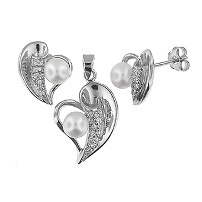 Silver Fresh Water Pearl Pendant Earrings Set With Cubic Zirconia