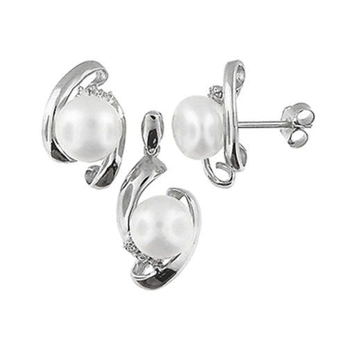 Silver Fresh Water Pearl Pendant Earrings Set With Cubic Zirconia