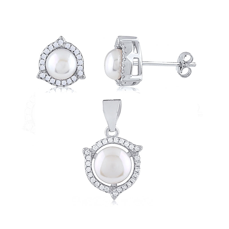 Silver Fresh Water Pearl Pendant Earrings Set With Cubic Zirconia