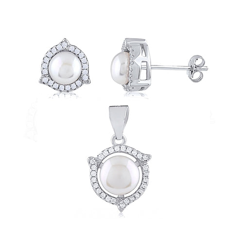 Silver Fresh Water Pearl Pendant Earrings Set With Cubic Zirconia