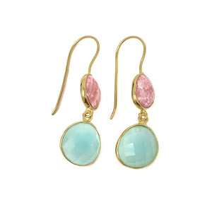 Gold Plated Aqua Chalcedony And Rhodochrosite Earrings