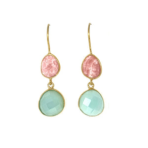 Gold Plated Aqua Chalcedony And Rhodochrosite Earrings