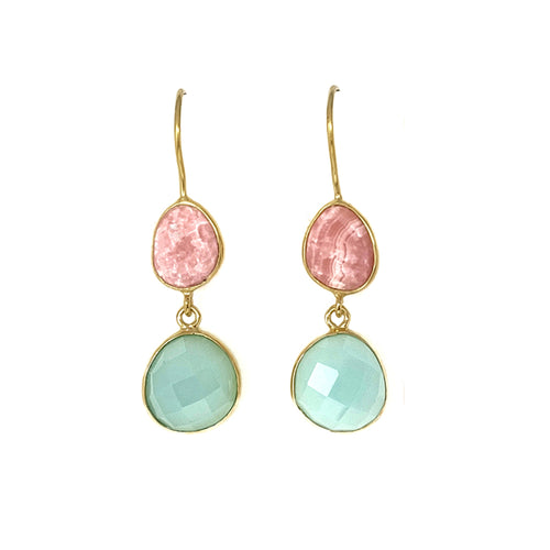 Gold Plated Aqua Chalcedony And Rhodochrosite Earrings