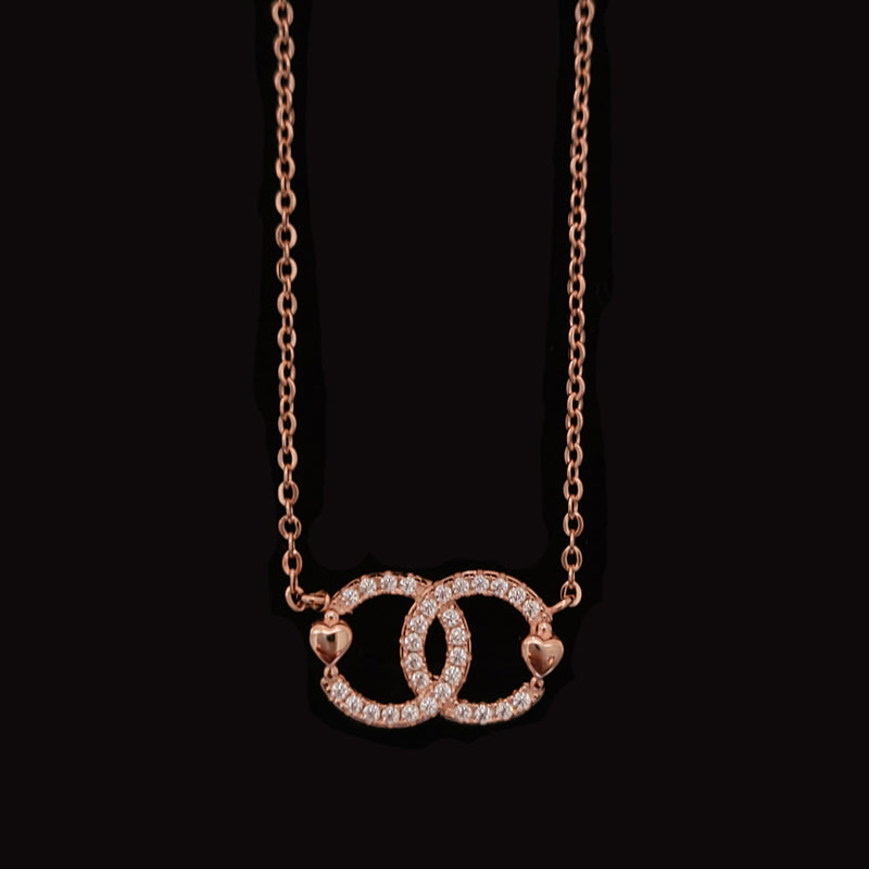 Rose Gold Plated Interlocking Heart Rings Necklace With Cubic Zirconia