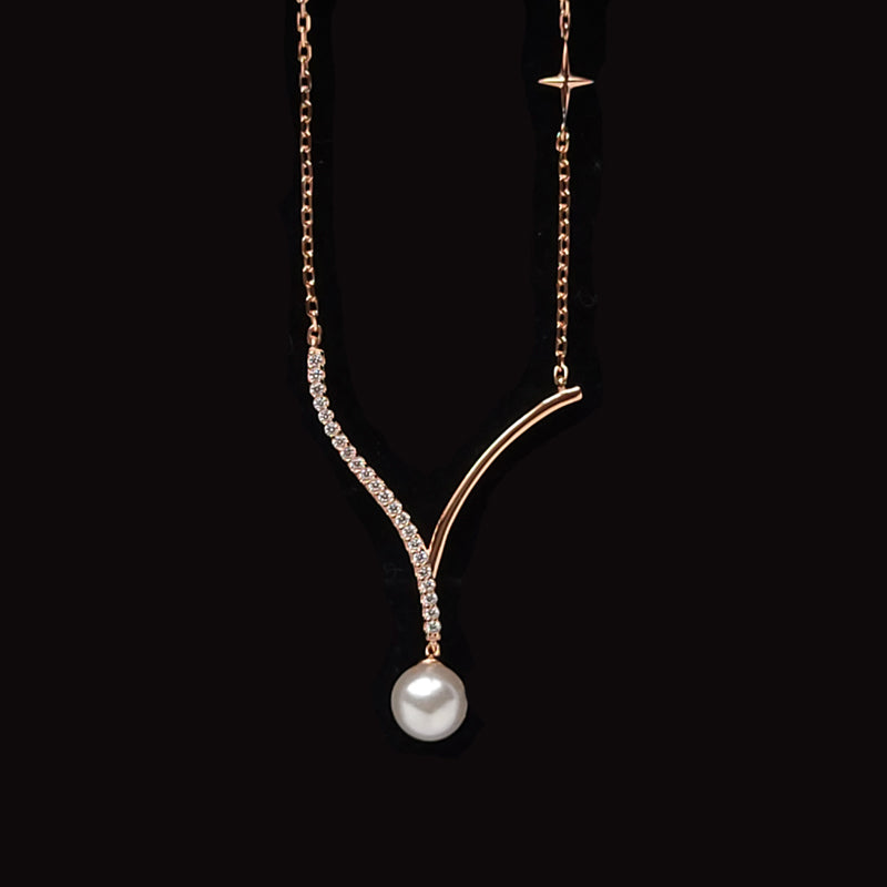 Rose Gold Plated Fresh Water Pearl Necklace With Cubic Zirconia