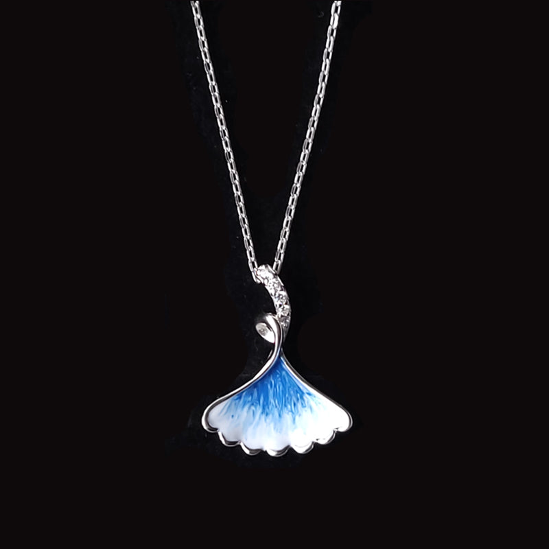 Blue & White Shell Enamel Hand-Painted Necklace With Cubic Zirconia