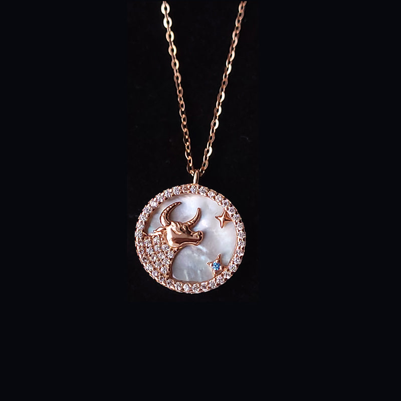 Taurus Rose Gold Plated Necklace With Cubic Zirconia And Mother Of Pearl