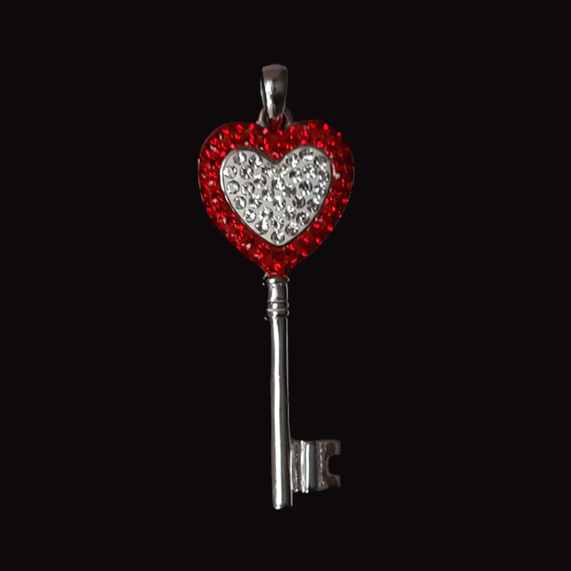 Heart Key Pendant With Red And Clear Crystals