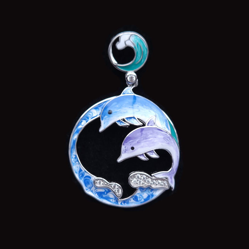Pair Of Dolphins Enamel Hand-Painted Pendant With Cubic Zirconia