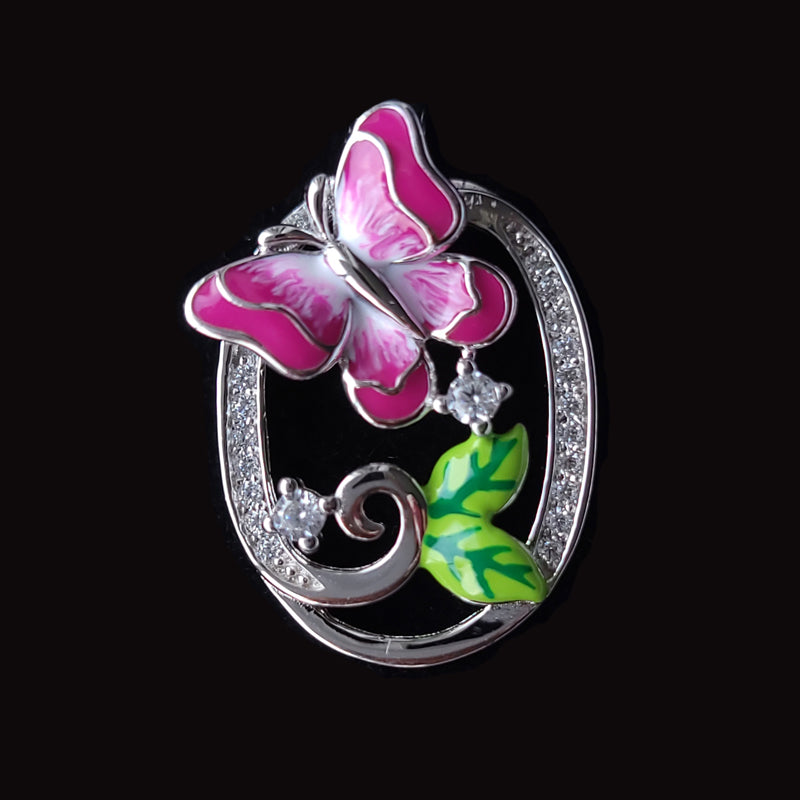Magenta Butterfly Enamel Hand-Painted Pendant With Cubic Zirconia