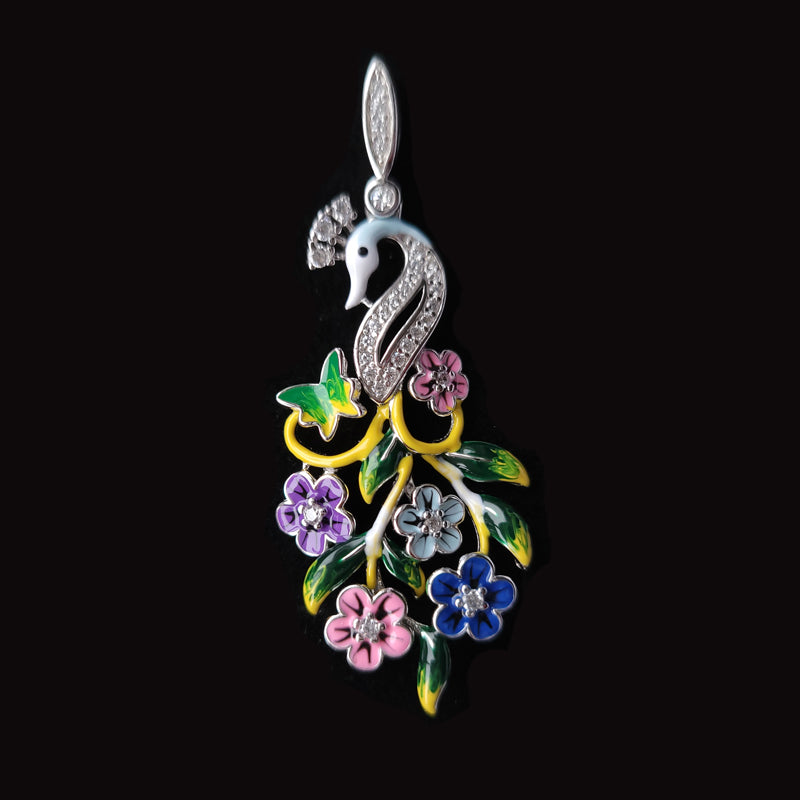 Peacock And Flowers Enamel Hand-Painted Pendant With Cubic Zirconia