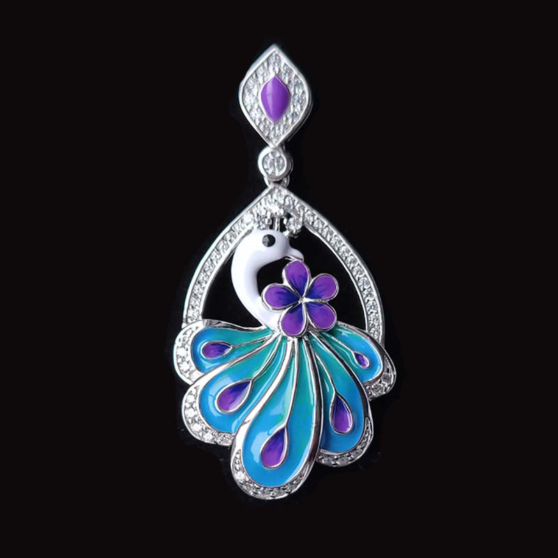 Peacock With Purple Flower Enamel Hand-Painted Pendant With Cubic Zirconia