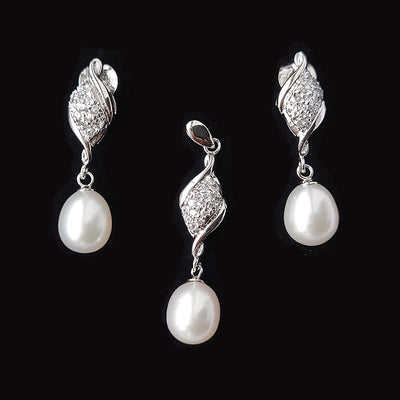 Silver Fresh Water Pearl Pendant Earrings Set With Cubic Zirconia