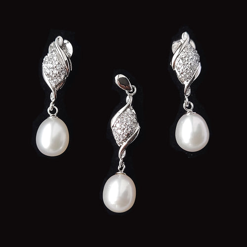 Silver Fresh Water Pearl Pendant Earrings Set With Cubic Zirconia