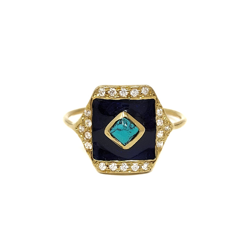 Gold Plated Turquoise And White Zircon Ring With Enamel Coating
