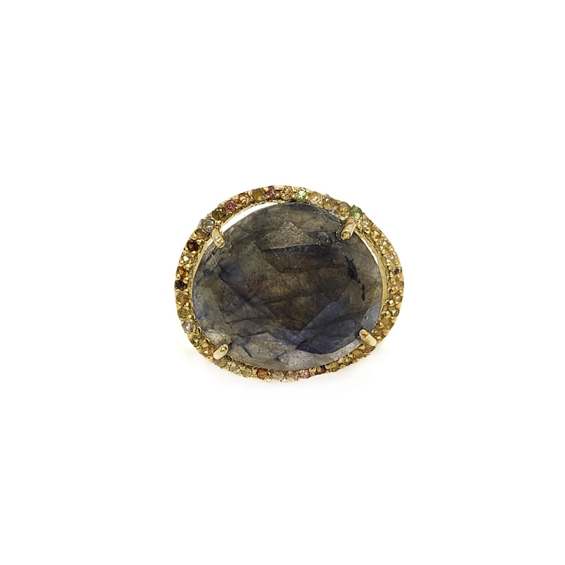 Gold Plated Labradorite And Multi-Colored Zircon Halo Ring