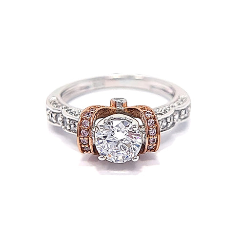 Silver Two-Tone Rose Gold Plated Pink And Clear Cubic Zirconia Ring