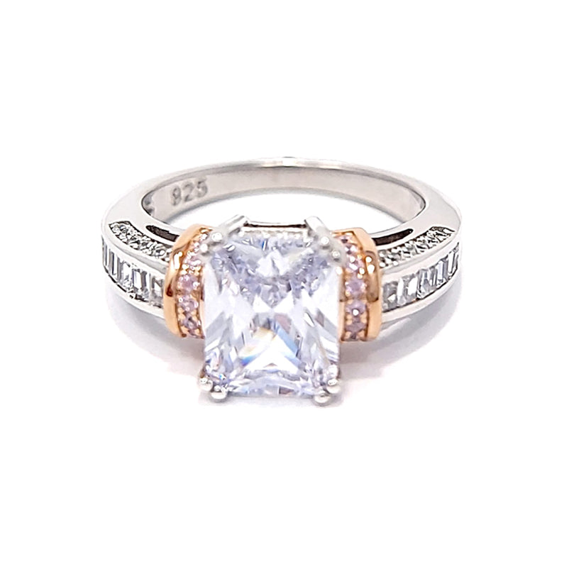 Silver Two-Tone Rose Gold Plated Pink And Clear Cubic Zirconia Ring