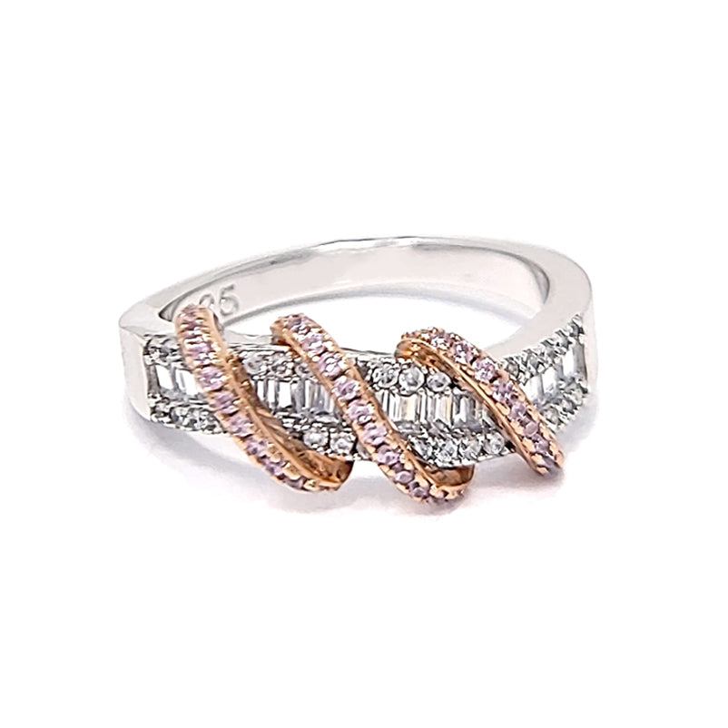 Silver Two-Tone Rose Gold Plated Twisted Clear Cubic Zirconia Ring