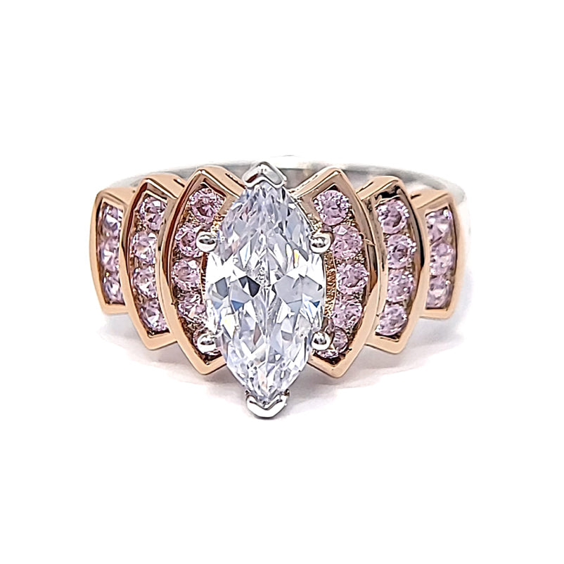Silver Two-Tone Rose Gold Plated Marquise Pink And Clear Cubic