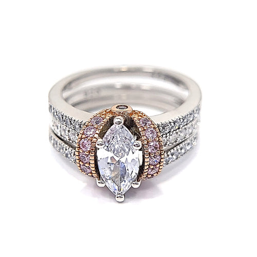 Silver Two-Tone Rose Gold Plated Pink And Clear Two-Piece Cubic Zirconia Ring