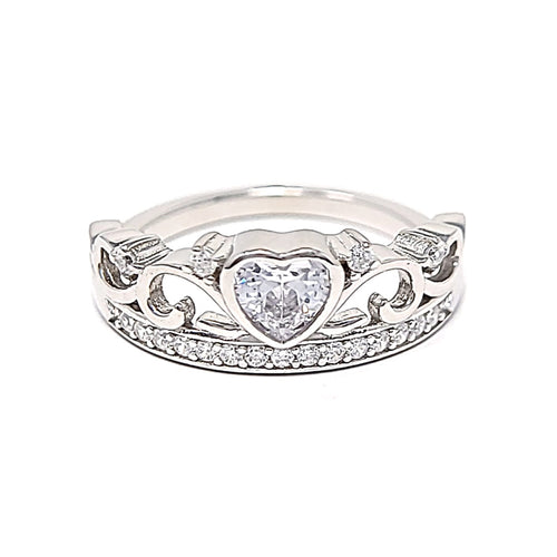 Silver Heart Tiara Cubic Zirconia Ring