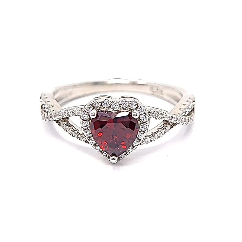 Silver Heart Garnet And Clear Cubic Zirconia Ring