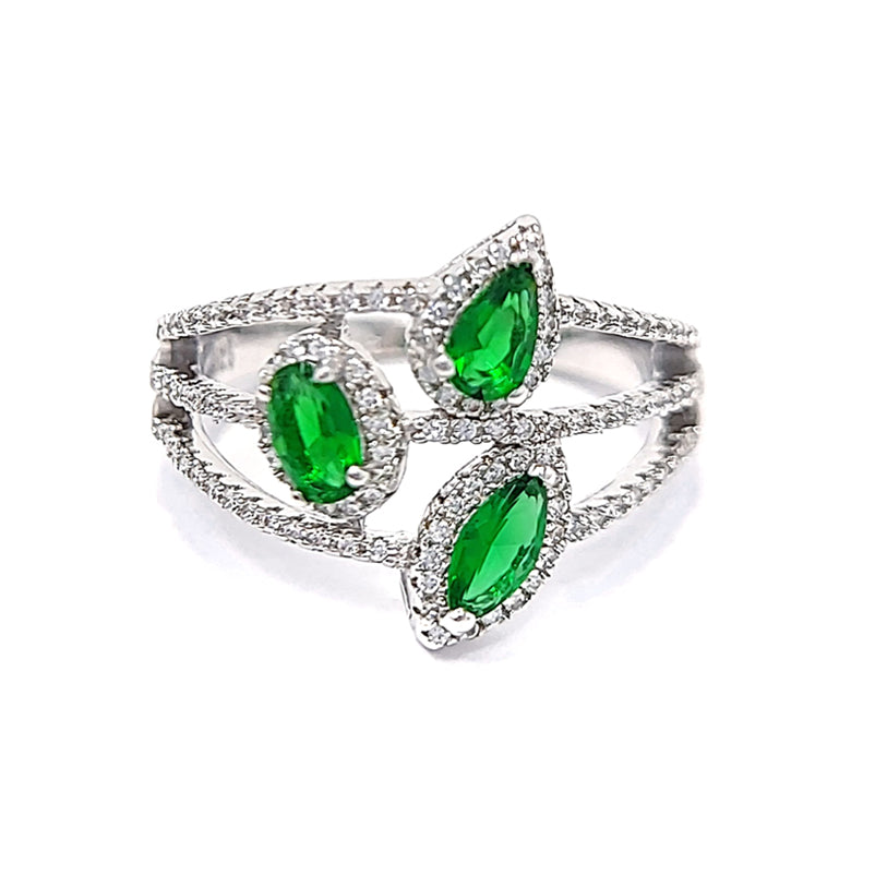 Silver Emerald And Clear Cubic Zirconia Ring