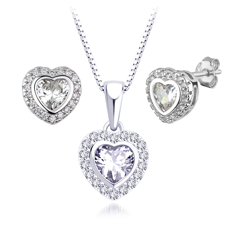 Silver Heart Necklace Earrings Set With Cubic Zirconia