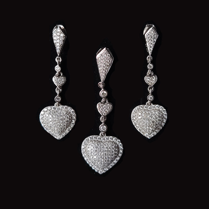 Silver Hearts Pendant Earrings Set With Cubic Zirconia