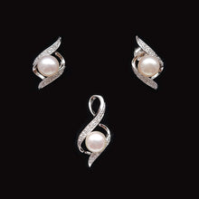 Load image into Gallery viewer, Silver Fresh Water Pearl Pendant Earrings Set With Cubic Zirconia