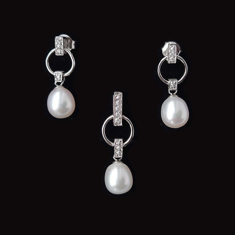 Silver Fresh Water Pearl Pendant Earrings Set With Cubic Zirconia