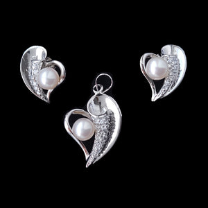 Silver Fresh Water Pearl Pendant Earrings Set With Cubic Zirconia