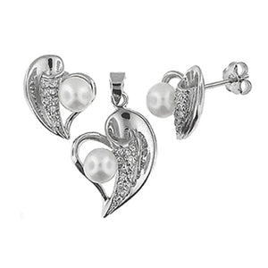 Silver Fresh Water Pearl Pendant Earrings Set With Cubic Zirconia