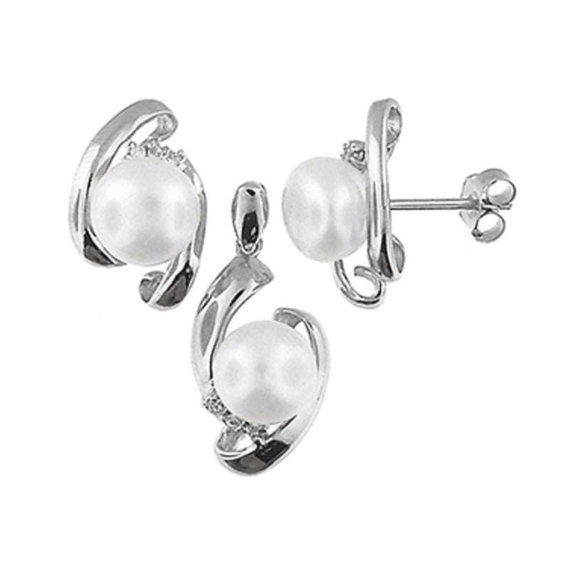 Silver Fresh Water Pearl Pendant Earrings Set With Cubic Zirconia