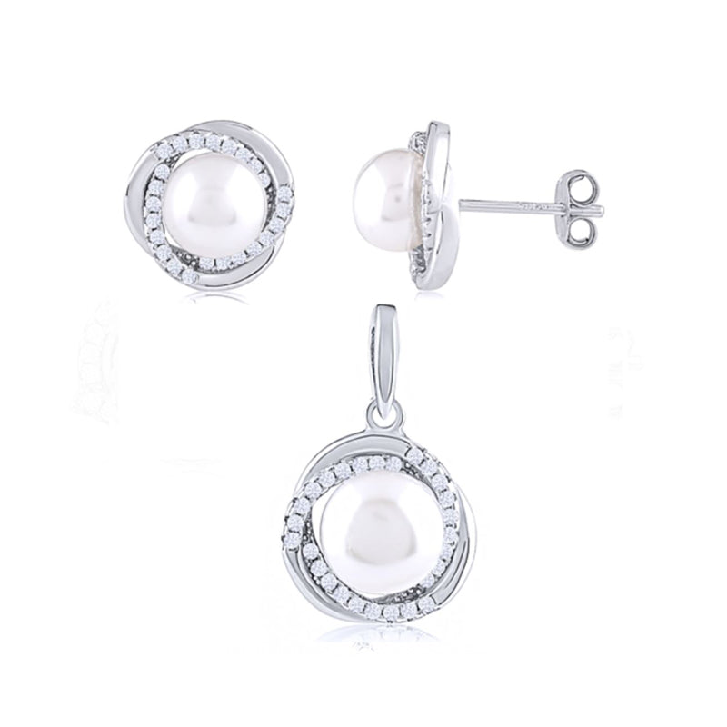 Silver Fresh Water Pearl Pendant Earrings Set With Cubic Zirconia